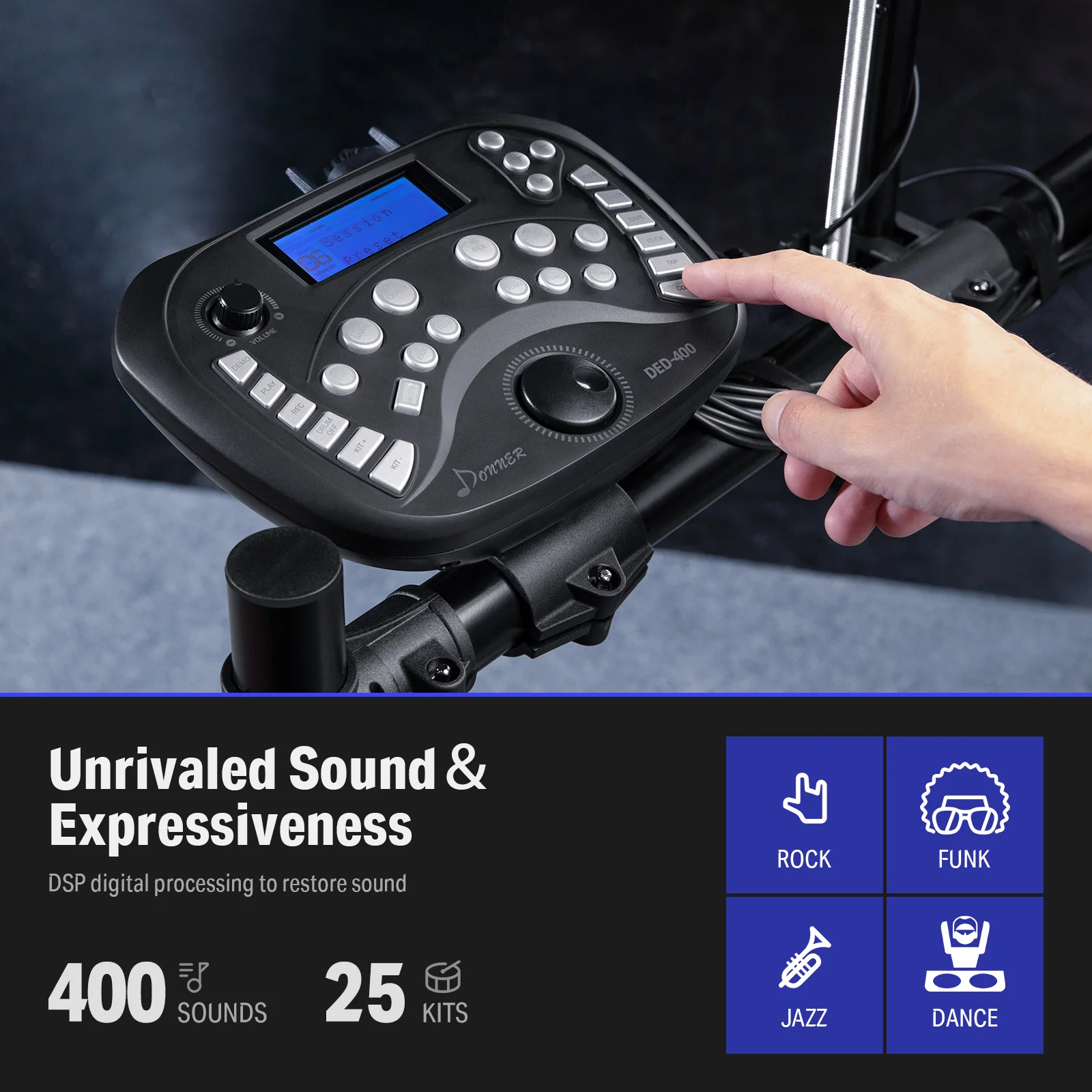 Donner DED-400 Professional Electronic Drum Set Kit with Drum Throne/Drumsticks/Headphones/Audio Cable - Image 7